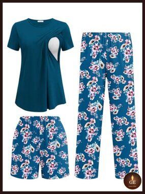 3-Piece Maternity Nursing Pajama Set with Shorts & Pants